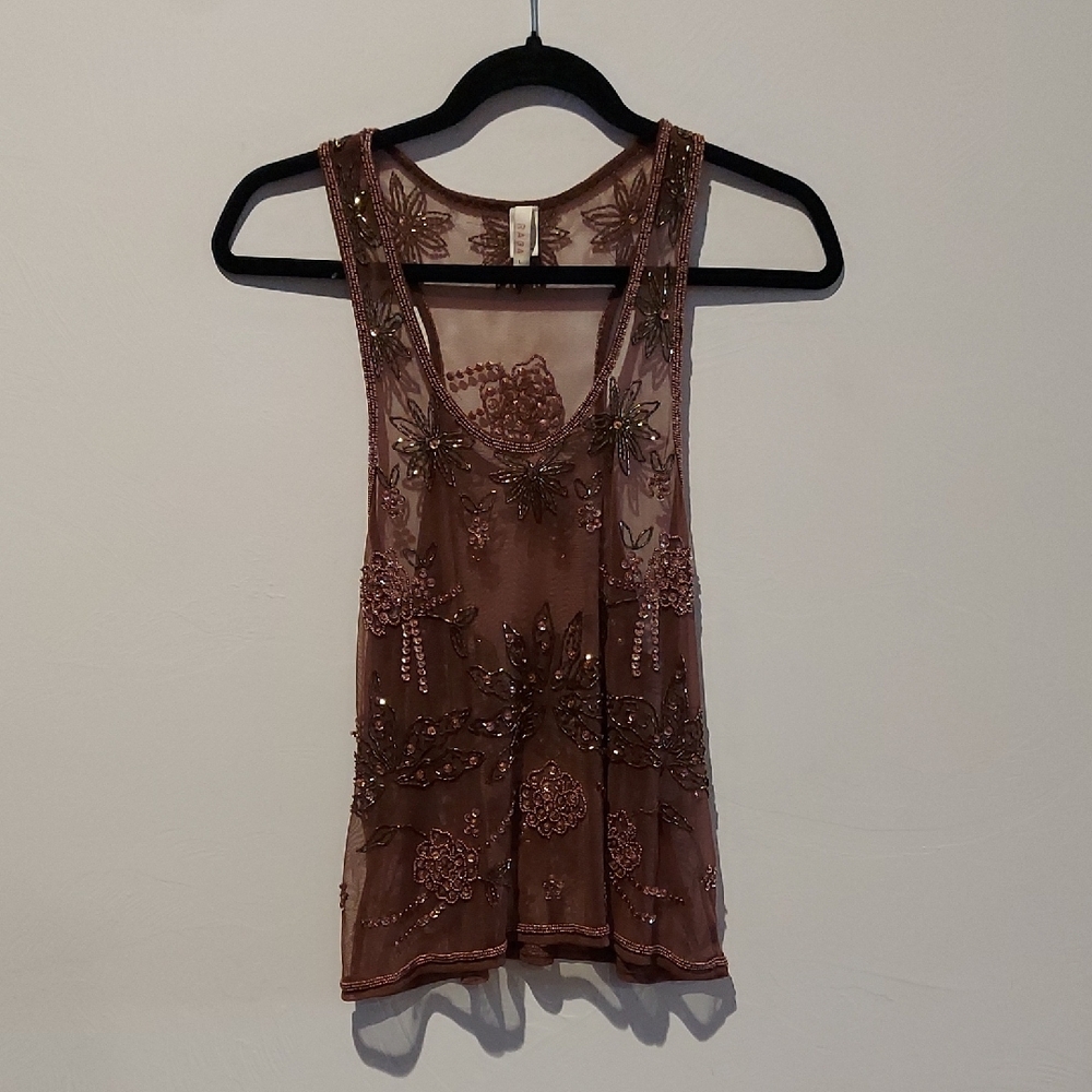 Brown Embellished Sheer Tank Top